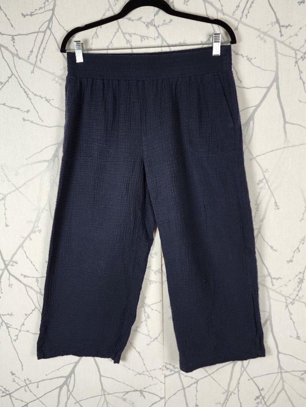 Cleo Navy Cotton Gauze Smocked Waist Wide Leg Crop Pants